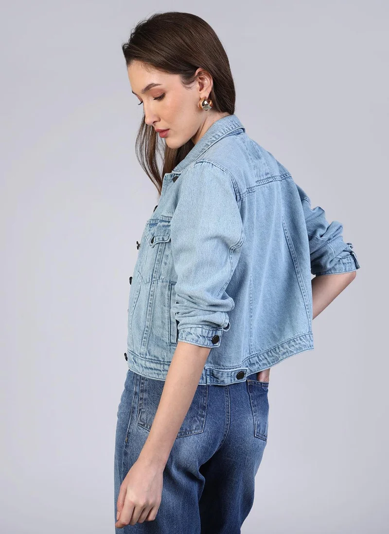 Urbano Fashion  Urbano Fashion Women's Ice Blue Regular Fit Washed Full Sleeve Denim Jacket for Women | Best Price UAE